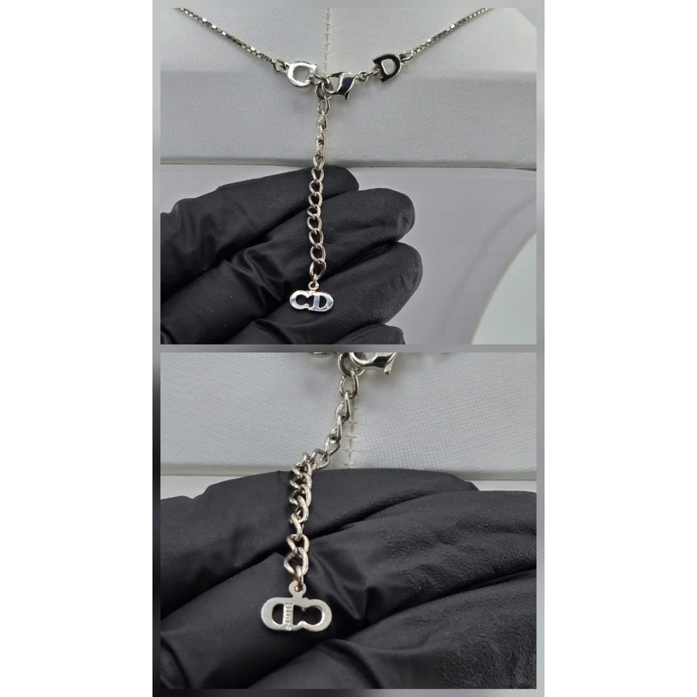 Christian Dior Cross Pendant Necklace Silver Tone D Logo Box Chain CD Charm
